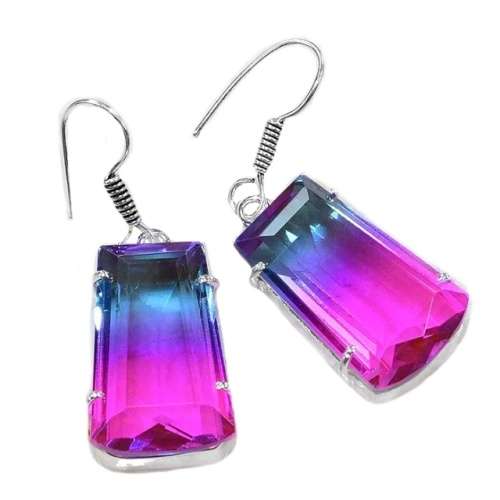 Bi-Colour Tourmaline Geometric Shape set in .925 Sterling Silver Plated Handmade Earrings