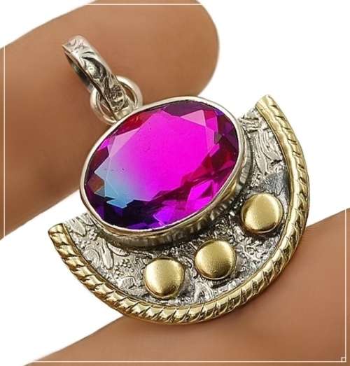 Two Tone 14 Ct Bi-Colour Tourmaline set in Solid .925 Sterling Silver Victorian Style Pendant