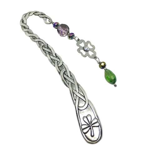 STAIINLESS STEEL CELTIC BOOKMARK WITH FOUR LEAF CLOVER CHARM