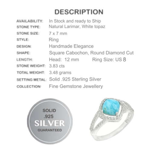 3.83 cts Natural Caribbean Blue Larimar, White Topaz .925 Sterling Silver Ring US 8