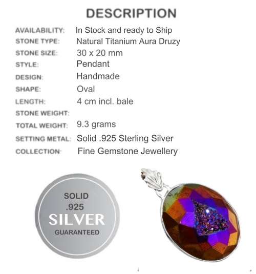 Natural Titanium Aura Druzy set in Solid 925 Sterling Silver Handmade Pendant