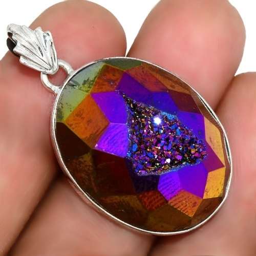 Natural Titanium Aura Druzy set in Solid 925 Sterling Silver Handmade Pendant