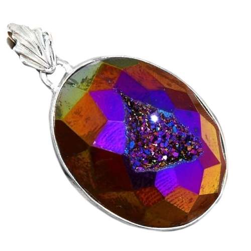 Natural Titanium Aura Druzy set in Solid 925 Sterling Silver Handmade Pendant