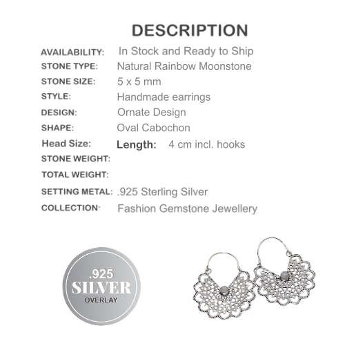 Ornate Natural Rainbow Moonstone Gemstone .925 Silver Earrings