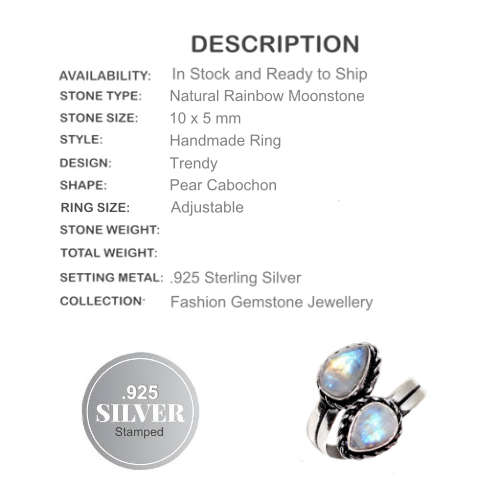 Trendy Natural Rainbow Moonstone Pear Adjustable .925 Silver Ring