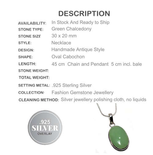 Green Chalcedony Oval Pendant and .925 Silver Chain Necklace