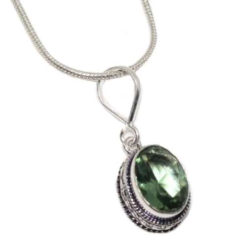 Green Amethyst Oval Gemstone  set in .925 Sterling Silver Plated Antique Style Pendant Necklace