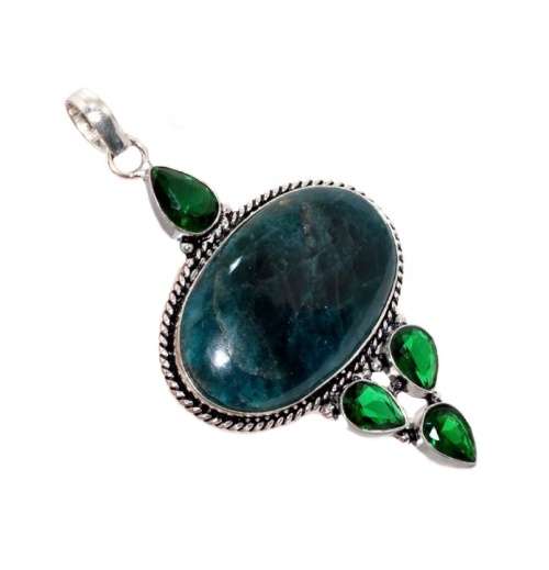 NATURAL NEON BLUE APATITE, EMERALD QUARTZ GEMSTONE .925 SILVER PENDANT