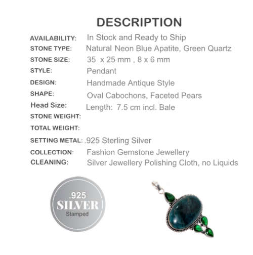 NATURAL NEON BLUE APATITE, EMERALD QUARTZ GEMSTONE .925 SILVER PENDANT