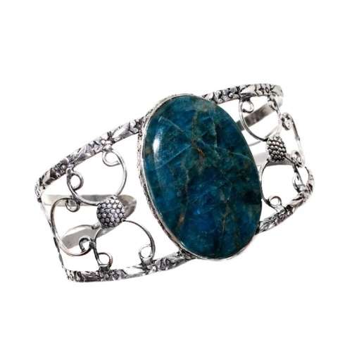 Natural Neon Blue Apatite Gemstone .925 Silver Cuff Bangle
