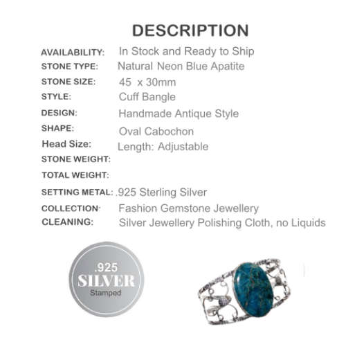 Natural Neon Blue Apatite Gemstone .925 Silver Cuff Bangle