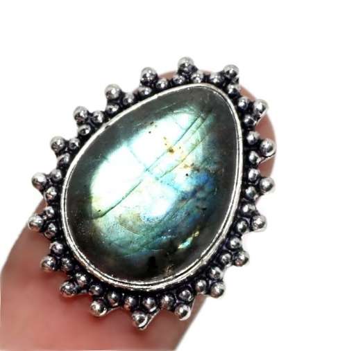 Natural Luminescent Labradorite Pear Gemstone in .925 Sterling Silver Plated Ring Size US 7.5