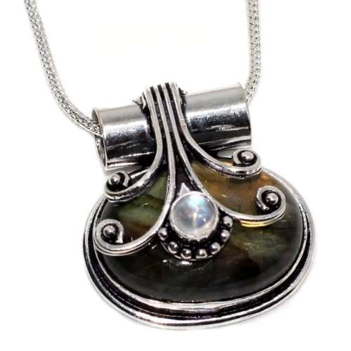 NATURAL LABRADORITE, RAINBOW MOONSTONE GEMSTONE 925 SILVER NECKLACE