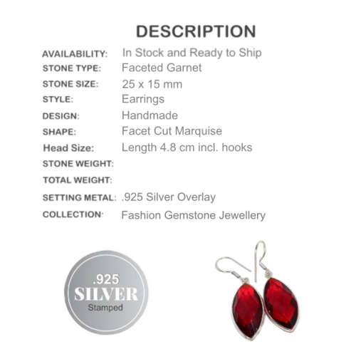 Faceted Garnet Marquise Gemstone .925 Sterling Silver Earrings