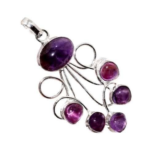 Natural Purple Amethyst Oval and Pear Gemstones set in .925 Sterling Silver Plated Handmade Pendant