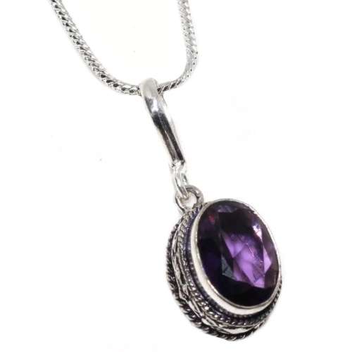 Dainty Purple Amethyst Ovals set in .925 Sterling Silver Plated Antique Style Pendant Necklace