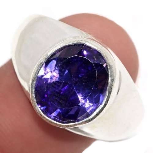 Round Purple Amethyst set in .925 Sterling Silver Plated Handmade Ring Size US 10 /  T 1/2