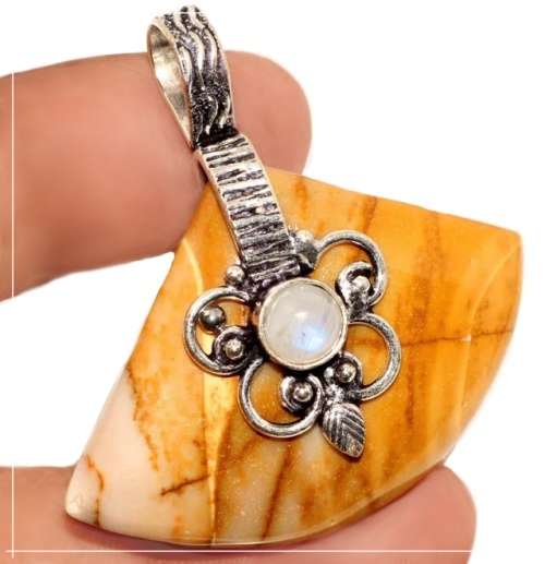 Natural Mookaite and Rainbow Moonstone Pendant set in .925 Sterling Silver Plated Handmade Pendant