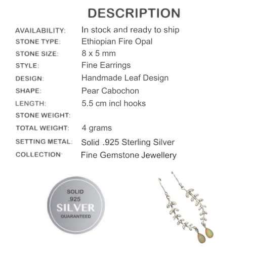 Handmade Ethiopian Fire Opal Leaf Setting Solid.925 Sterling Silver Earrings