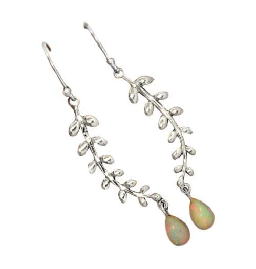 Handmade Ethiopian Fire Opal Leaf Setting Solid.925 Sterling Silver Earrings