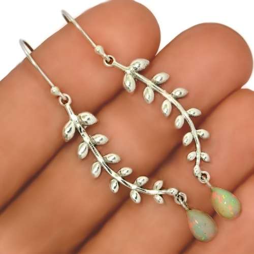 Handmade Ethiopian Fire Opal Leaf Setting Solid.925 Sterling Silver Earrings