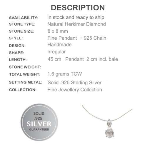 Natural Herkimer Diamond Solid .925 Sterling Silver Pendant & 925 Chain