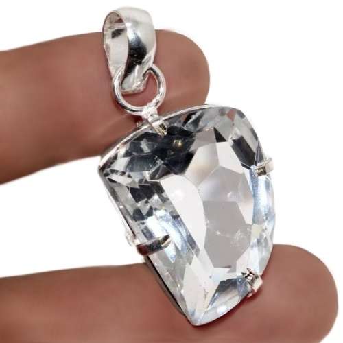White Topaz Geometric Shape Gemstone set in .925 Sterling Silver Plated Handmade Pendant