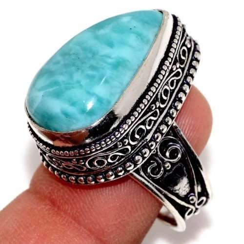 Natural Caribbean Larimar Pear Shape Gemstone in .925 Sterling Silver Plated Ring US 9 or R1/2