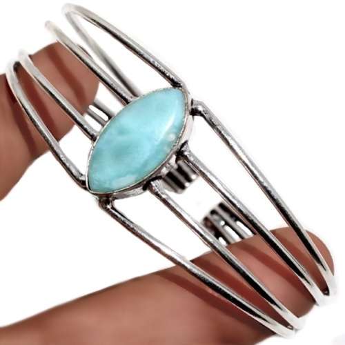 Natural Larimar Marquise Shape Gemstone set in .925 Sterling Silver Plated Handmade Cuff Bangle