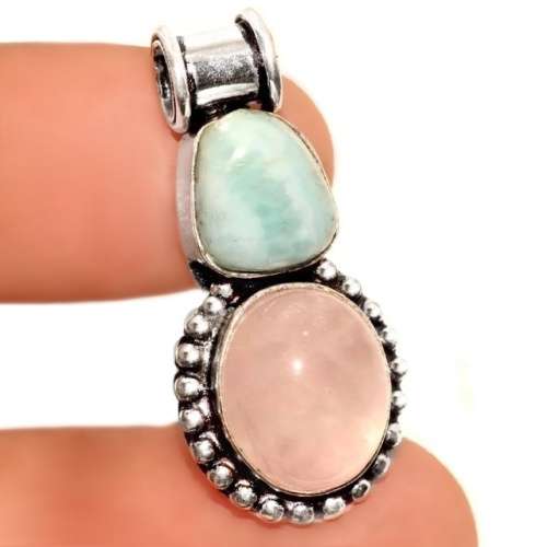 Natural Caribbean Blue Larimar, Rose Quartz in .925 Sterling Silver Plated Dainty Pendant