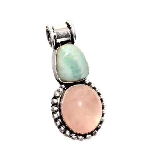 Natural Caribbean Blue Larimar, Rose Quartz in .925 Sterling Silver Plated Dainty Pendant
