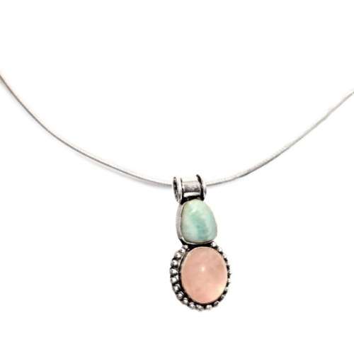 Natural Caribbean Blue Larimar, Rose Quartz in .925 Sterling Silver Plated Dainty Pendant