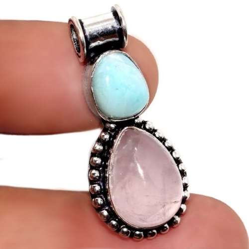 Natural Caribbean Blue Larimar, Rose Quartz .925 Sterling Silver Plated Handmade Dainty Pendant