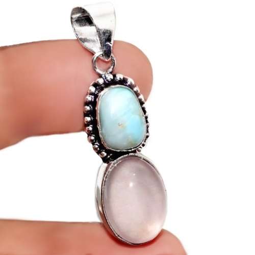 Natural Caribbean Blue Larimar, Rose Quartz .925 Sterling Silver Plated Dainty Pendant