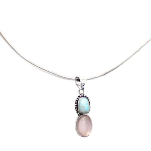 Natural Caribbean Blue Larimar, Rose Quartz .925 Sterling Silver Plated Dainty Pendant