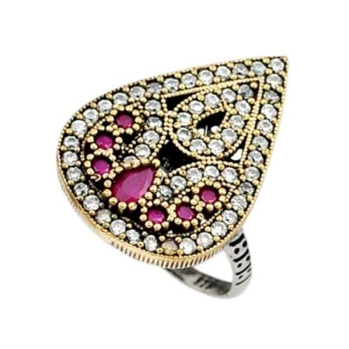 Two Tone Turkish 5.43 cts Ruby and White Topaz Gemstone Solid .925 Sterling Silver Ring Size 8 or Q