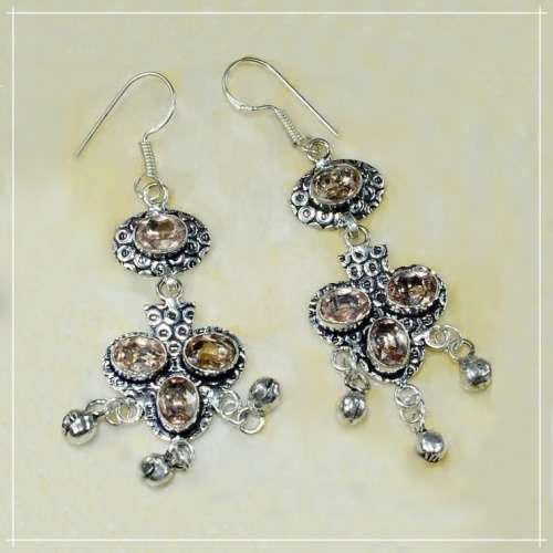 Handmade Faceted Peach Quartz Gemstone set in .925 Sterling Silver Plated Long Earrings