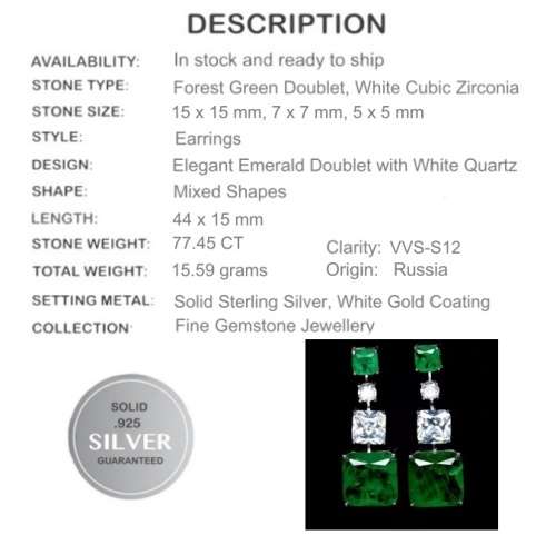 EMERALD CUT FOREST GREEN EMERALD DOUBLET WHITE CZ EARRINGS IN SOLID .925 SILVER