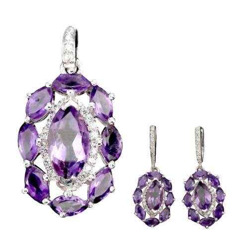 Natural Unheated Purple Amethyst & White Cubic Gemstone Solid .925 Sterling Silver Set
