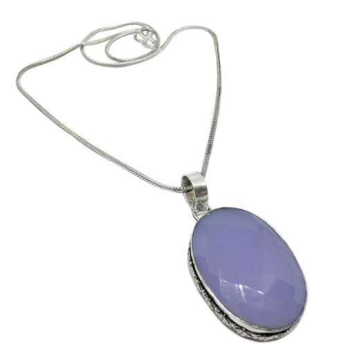 Lavender Chalcedony Faceted Oval set in 925 Sterling Silver Plated Handmade Pendant
