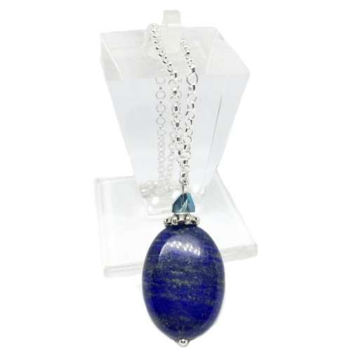 Natural Lapis Lazuli Oval and Swarovski Crystal 3D Triangular Bead .925 Silver Chain Necklace