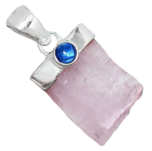 Natural Rough Kunzite and Kyanite Gemstone set in Solid.925 Sterling Silver Pendant + Chain
