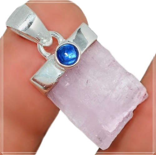 Natural Rough Kunzite and Kyanite Gemstone set in Solid.925 Sterling Silver Pendant + Chain