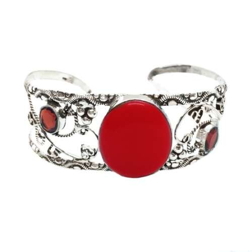 Handmade Red Coral, Garnet Gemstone .925 Sterling Silver  Plated Ornate Adjustable Cuff Bangle