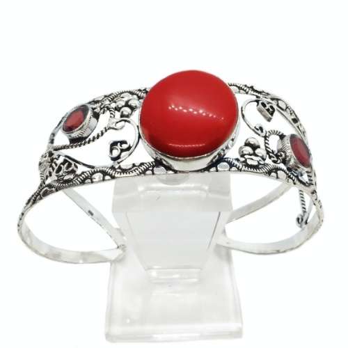 Handmade Red Coral, Garnet Gemstone .925 Sterling Silver  Plated Ornate Adjustable Cuff Bangle
