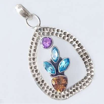 Natural Citrine Blue Topaz and Amethyst Gemstones set in Hammered Solid .925 Sterling Silver Pendant