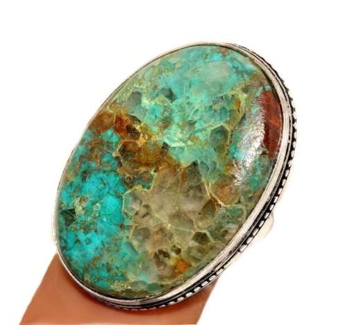 Natural Chrysocolla Oval Gemstone set in .925 Sterling Silver Plated Handmade Ring Size US 8/ Q