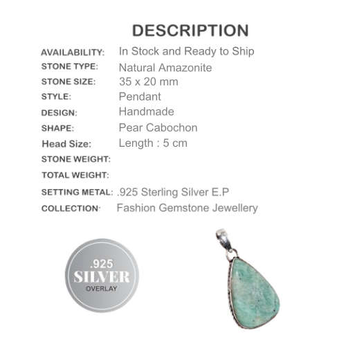 NATURAL AMAZONITE GEMSTONE SOLID .925 STERLING SILVER PENDANT