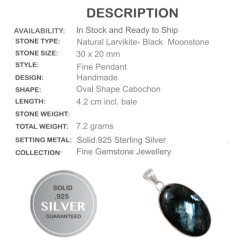Natural Norwegian Larvikite Oval Gemstone set in Solid .925 Sterling Silver Pendant