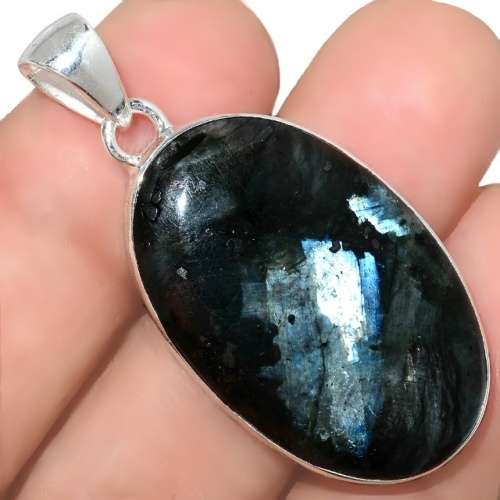 Natural Norwegian Larvikite Oval Gemstone set in Solid .925 Sterling Silver Pendant